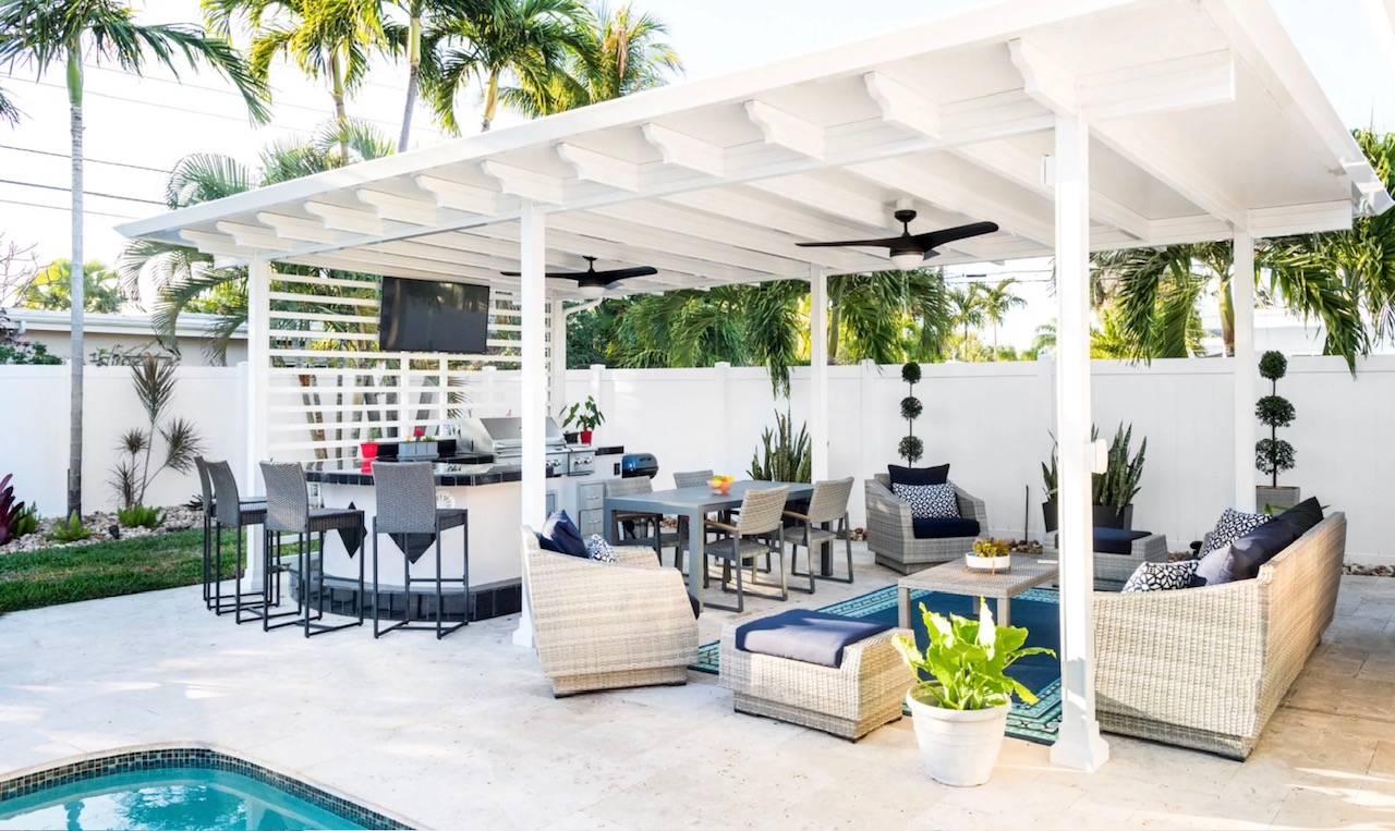 White pergola with outdoor kitchen and pool - Austin TX